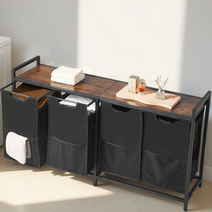 4 Section Laundry Sorter, Hamper with Wooden Top, Pull-Out Bags