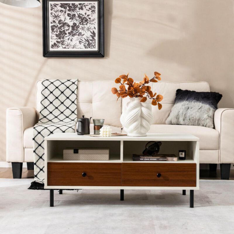 Hivvago 2 Tier 40 Inch Length Modern Rectangle Coffee Table with Storage Shelf and Drawers-White
