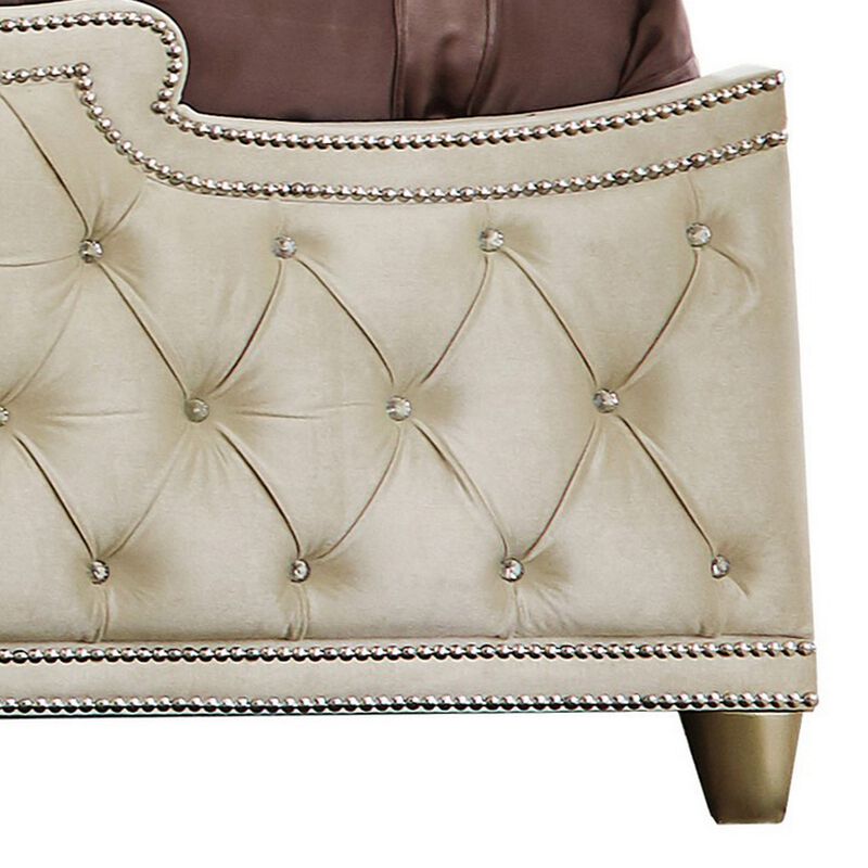 Lino Wood King Bed, Opulent Tufted Velvet Upholstery, French Carved, Ivory - Benzara