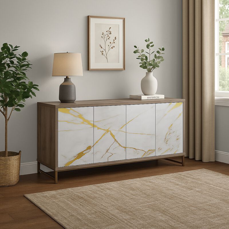 Avia Sideboard Console Cabinet, White Marble Look 4 Door Brown 65 Inch