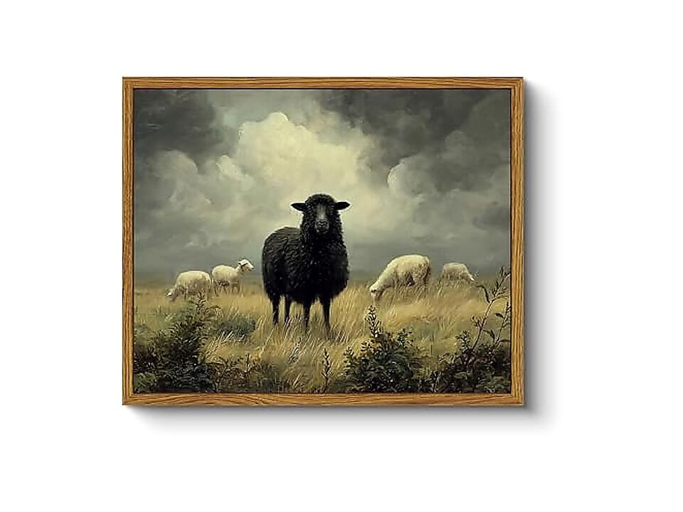 Vintage Framed Canvas Wall Art Farmhouse Black Sheep Decor Rustic Retro Antique