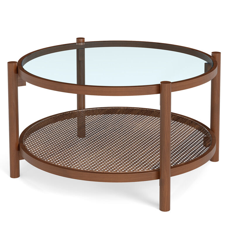 Elegant 2-Tier Round Coffee Table with Glass Surface and Open Storage