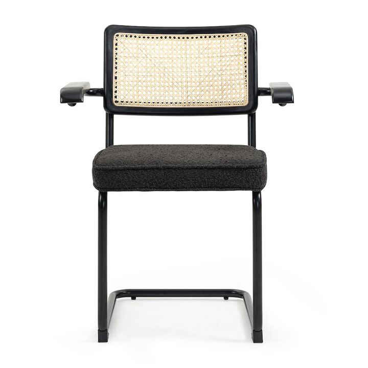 Glamour Home Set of 2 Black Boucle Fabric Dining Chair Rattan Backrest and Black Iron Legs