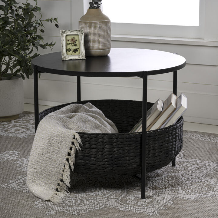 Carly 24.21" Modern Coastal Round Acacia Wood/Water Hyacinth Coffee Table with Storage Basket