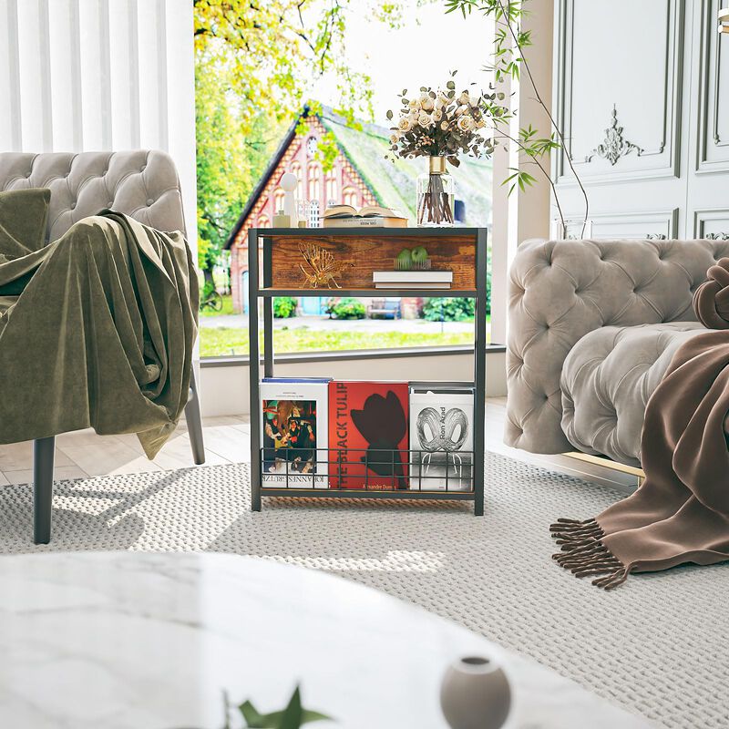 IBUYKE Narrow Side Table with Storage Shelf, 3 Tier End Table,Modern Sofa Table,Small Nightstand with Magazine Rack,Telephone Ta