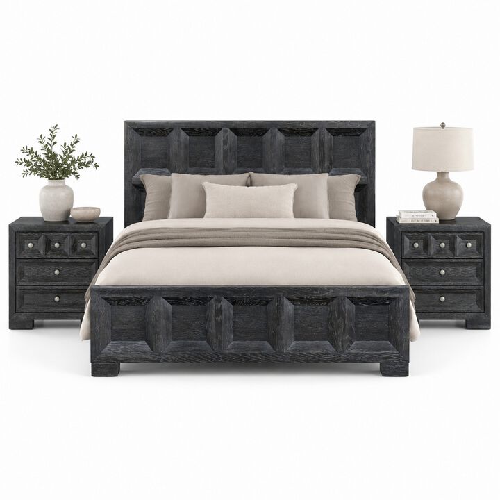 Queen Bedroom Set, Weathered Black Wood, 3 Piece Set with 2 Nightstands