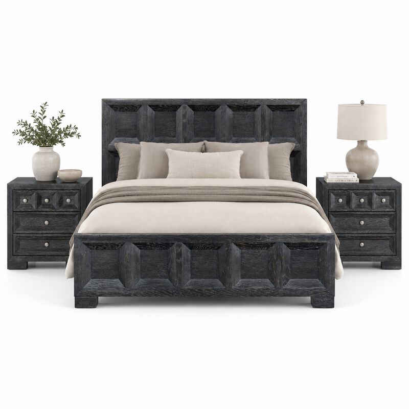 Queen Bedroom Set, Weathered Black Wood, 3 Piece Set with 2 Nightstands image number 0