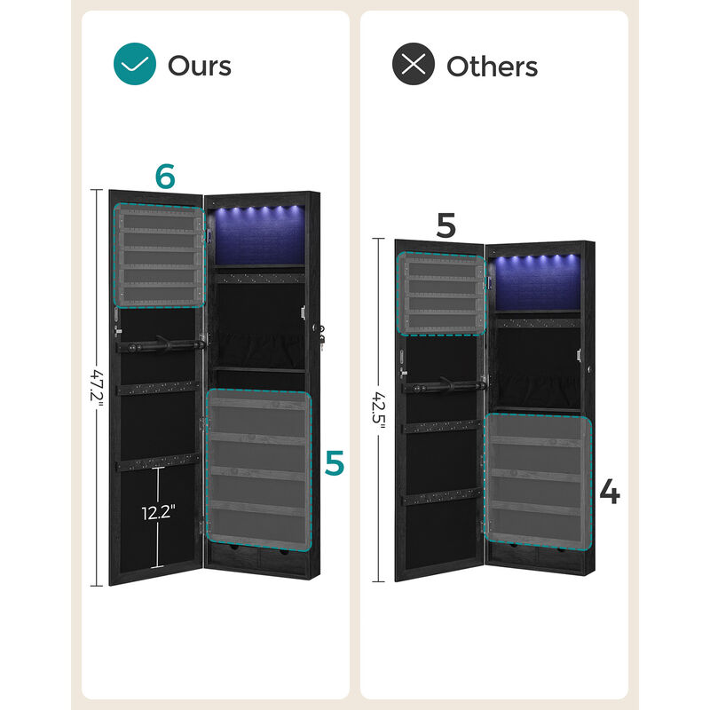 Mirror Jewelry Armoire with 6 LEDs - 47.2" Lockable Wall/Door Mounted Cabinet with 2 Drawers