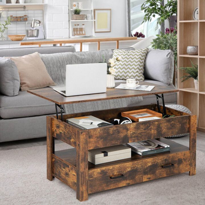 Hivvago Lift Top Coffee Table with 2 Storage Drawers and Hidden Compartment-Rustic Brown
