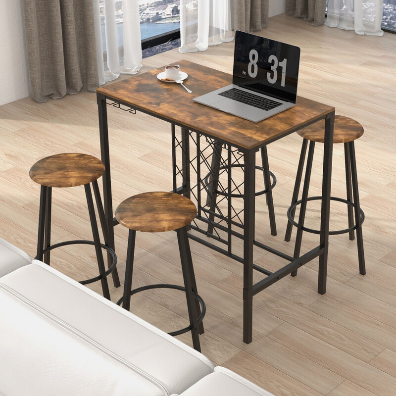 5 Pieces Bar Table and Stools Set with Wine Rack and Glass Holder-Rustic Brown