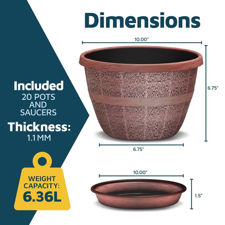 10-Inch Whiskey Barrel Planters Outdoor Pack of 20 - Durable Plastic Plant Pots for Indoor & Outdoor Use with Drainage & Saucer, Lightweight Rustic Barrel Planters for Flowers, Herbs & Small Plants