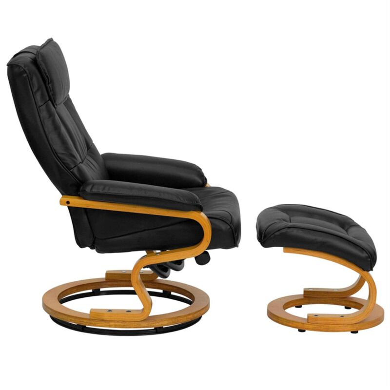 Flash Furniture Davies Contemporary Adjustable Recliner and Ottoman with Swivel Maple Wood Base in Black LeatherSoft