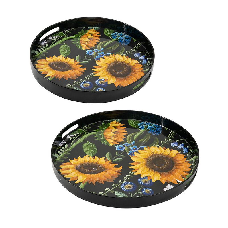 2 Piece Modern Decorative Trays, Round Plastic Frame, Sunflower Motifs  - Benzara