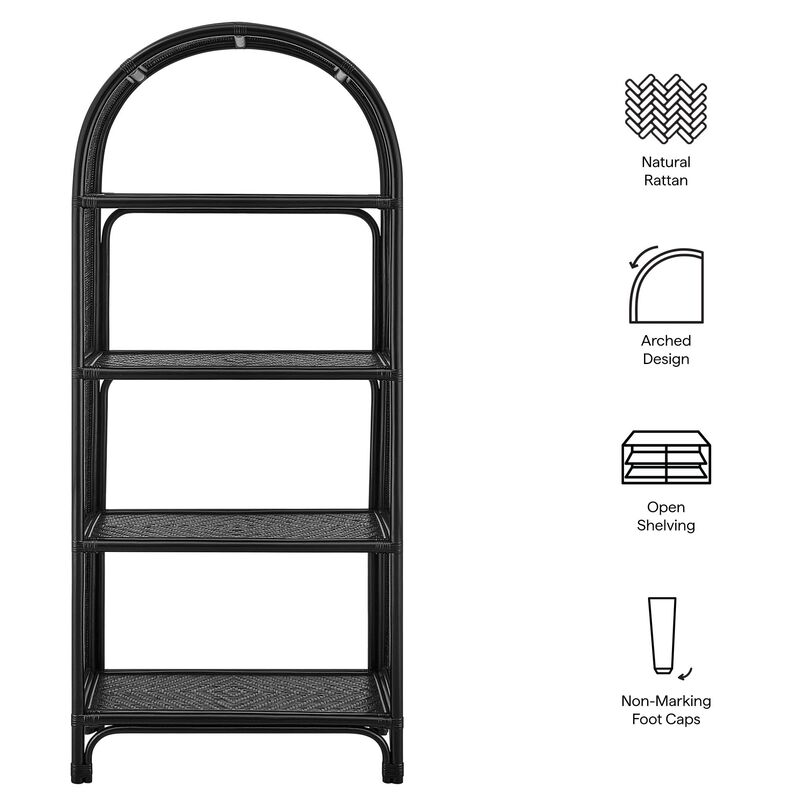 Modway Celeste Tall Arched 67 Inch Wood and Natural Rattan Bookcase in Black &ndash; Tall Open Back Bookshelf with 6 Shelves for Living Room, Bedroom, Office image number 3