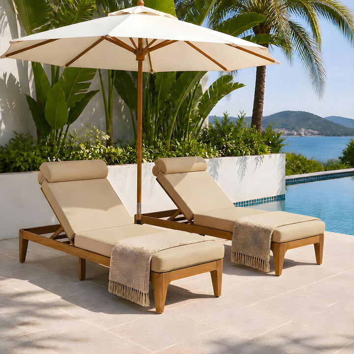 Merax Outdoor Lounge Chair Set with Natural Acacia Wood Frame, Adjustable Recline