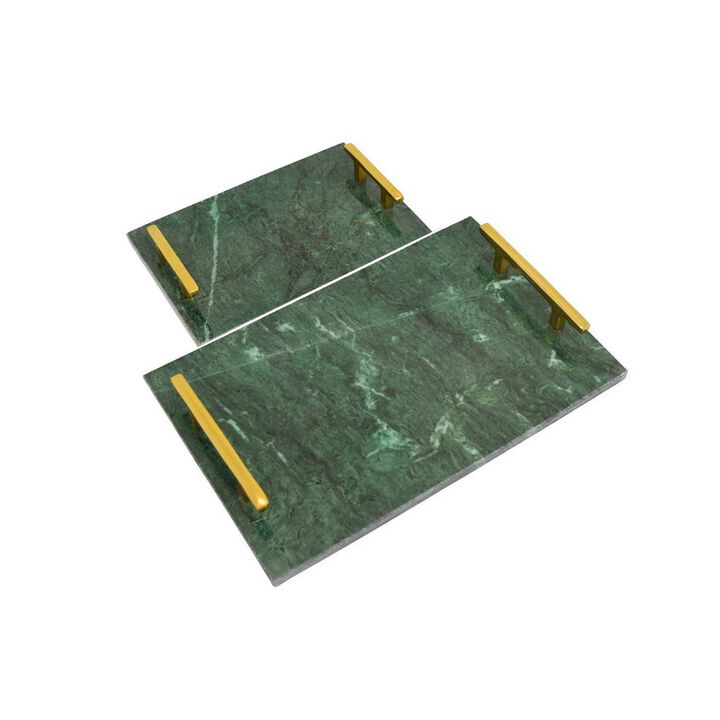 Entro Tray Set of 2, Rectangular Shape, 2 Gold Handles, Green Finish Marble - Benzara