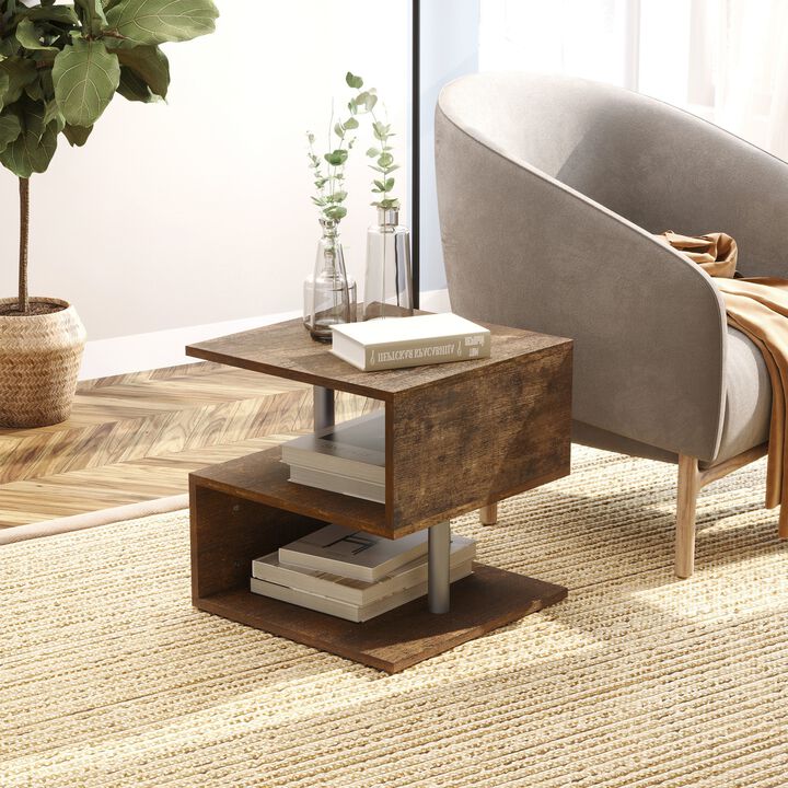 Industrial Vintage Look 3-Tier Side Table  S-Shape Retro End Desk for Living Room Bedroom Dorm Wood Color