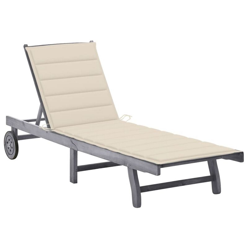 Outdoor Sun Lounger, Gray Acacia Wood, Ivory Fabric Cushion, 78 Inch - Benzara