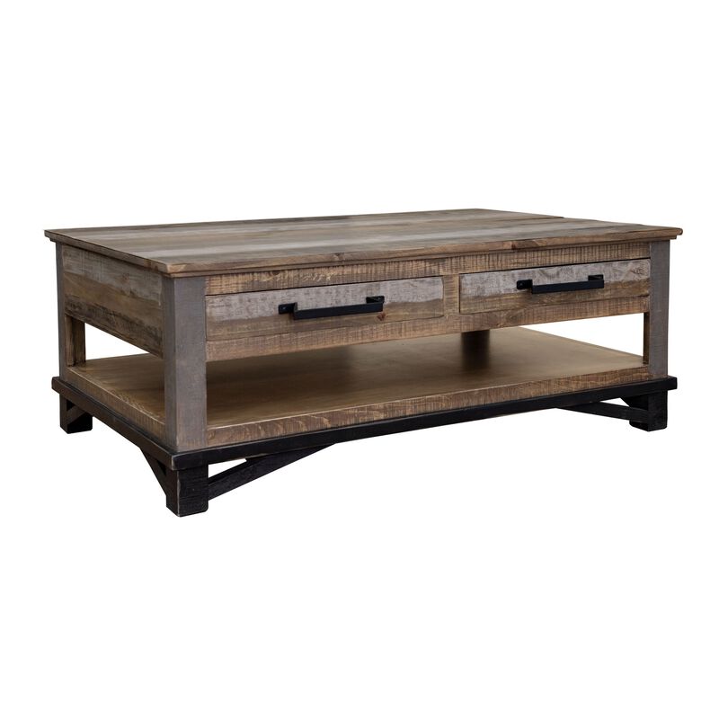 Peya 50 Inch 4 Drawer Coffee Table, Shelf, Distressed Gray, Brown Pine Wood