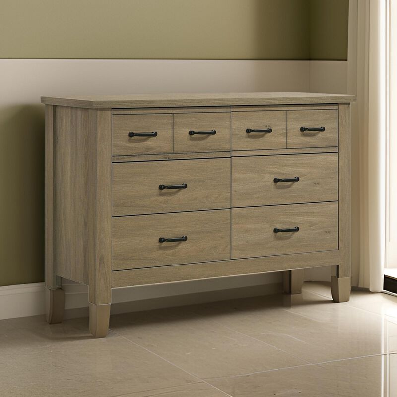 51 Inch Wood Dresser with 6 Drawers and Black Handles, Straight Legs, Gray