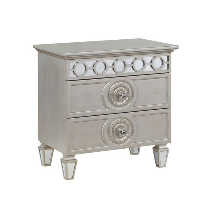 Acme Varian 2 Drawers Wooden Nightstand with Mirror Inlay in Silver