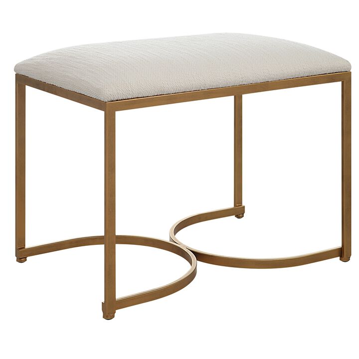 24 Inch Accent Stool, Cushioned Seat, Half Circle Design, Off White, Gold - Benzara