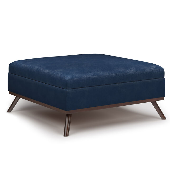 Owen 36 inch Wide Mid Century Modern Square Coffee Table Storage Ottoman in Distressed Dark Blue Vegan Faux Leather, Assembled