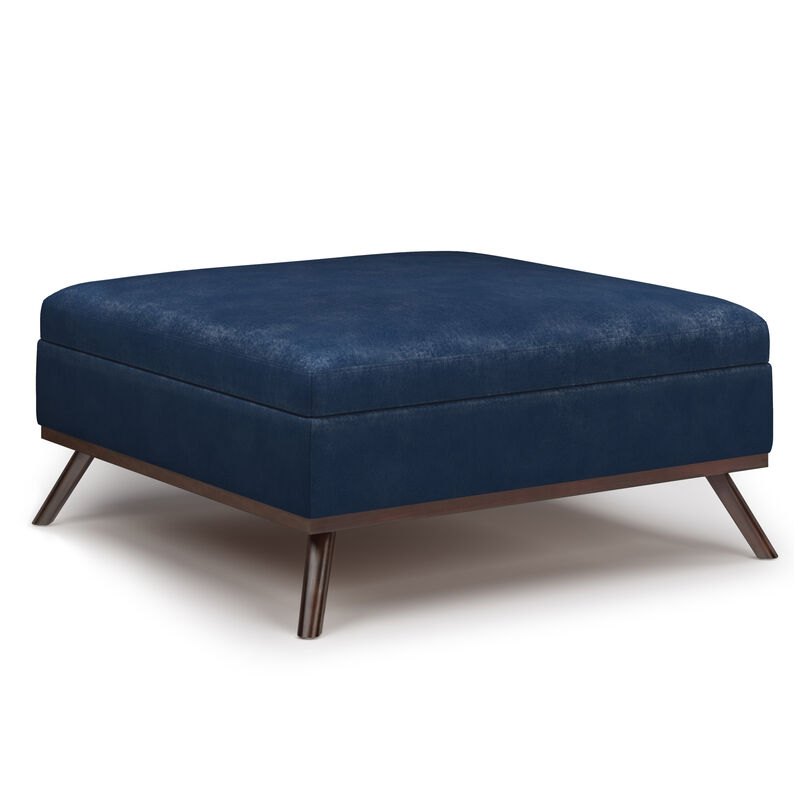 Owen 36 inch Wide Mid Century Modern Square Coffee Table Storage Ottoman in Distressed Dark Blue Vegan Faux Leather, Assembled image number 0
