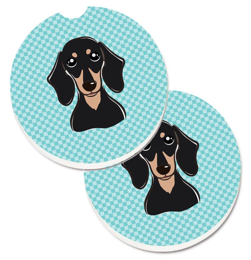 Caroline's Treasures Checkerboard Blue Smooth black & Tan Dachshund Set of 2 Cup Holder Car Coasters BB1153CARC, 2.56, Multicolor