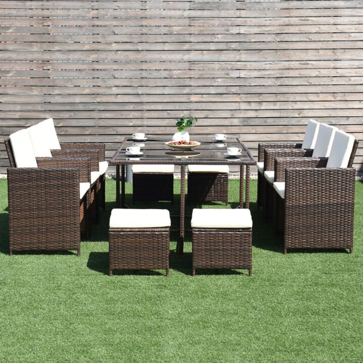 Mondawe 10-PieceOutdoor Patio Rattan Dining Set,6 Armrest Chairs & 4 Ottomans Soft Cushions