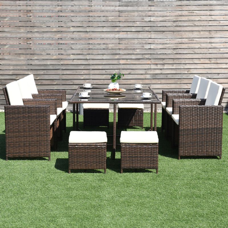 Mondawe 10-PieceOutdoor Patio Rattan Dining Set,6 Armrest Chairs & 4 Ottomans Soft Cushions