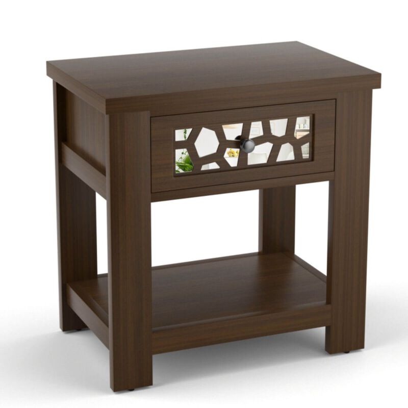 Wood Retro End Table with Mirrored Glass Drawer and Open Storage Shelf