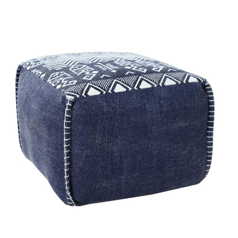 Hivvago 18 Inch Blue Cotton Geometric Pouf Ottoman