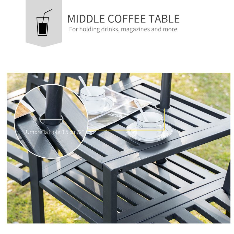 Metal Garden Seating: Loveseat Bench with Table and Umbrella Hole