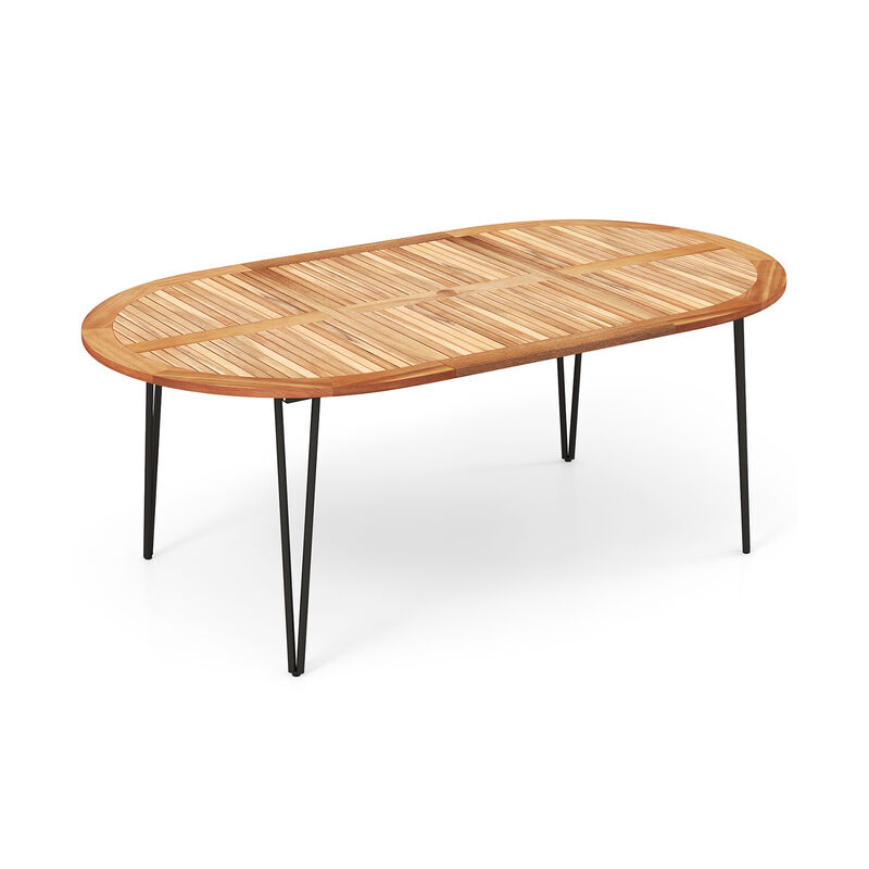 79 Inch Oval Patio Dining Table with Umbrella Hole and Acacia Wood Tabletop for 8 People image number 0