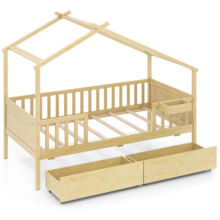 Twin Size House Bed with Roof, Fence Rails and 2 Storage Drawers