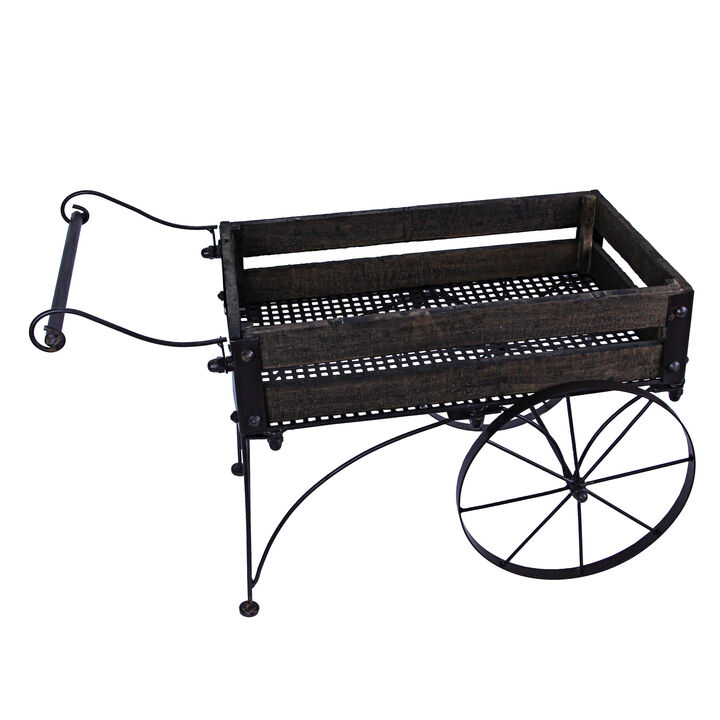 24 Inch Brown Wood & Metal Wagon Planter Indoor Outdoor Rustic Plant Stand