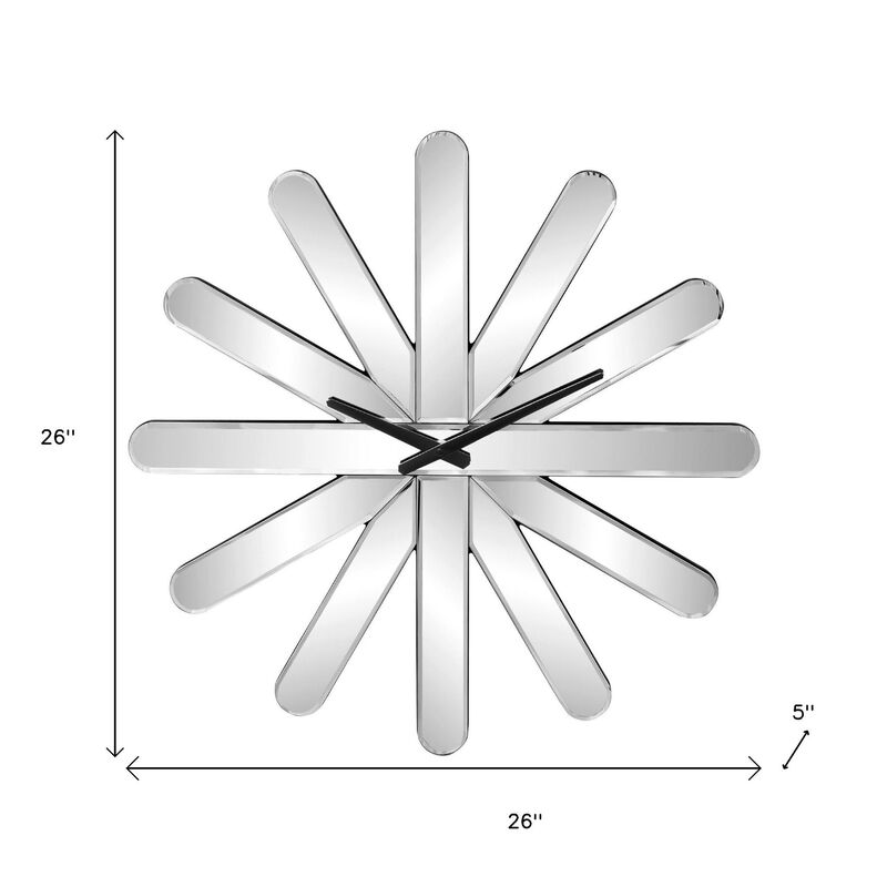 HomeRoots 26" Silver Mirrored Glass Silent Analog Starburst Wall Clock image number 3