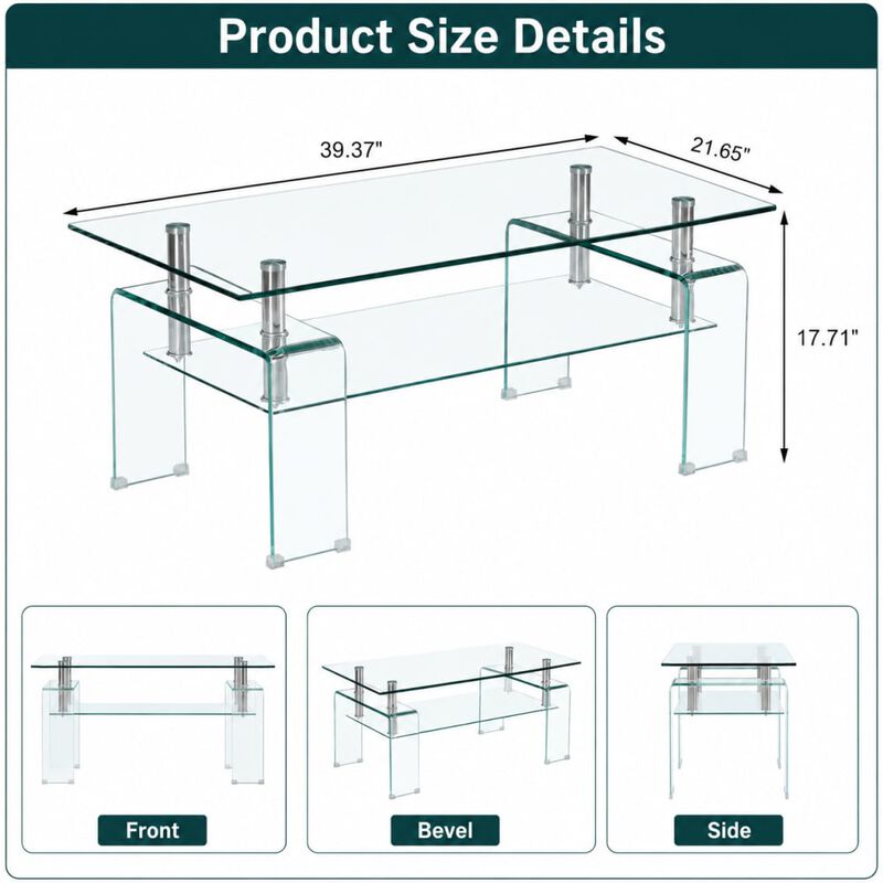 GOODSILO Rectangle Tempered Clear Glass Coffee Table with 2-Tier Storage, Modern Sleek Center Tea Table for Living Room image number 1