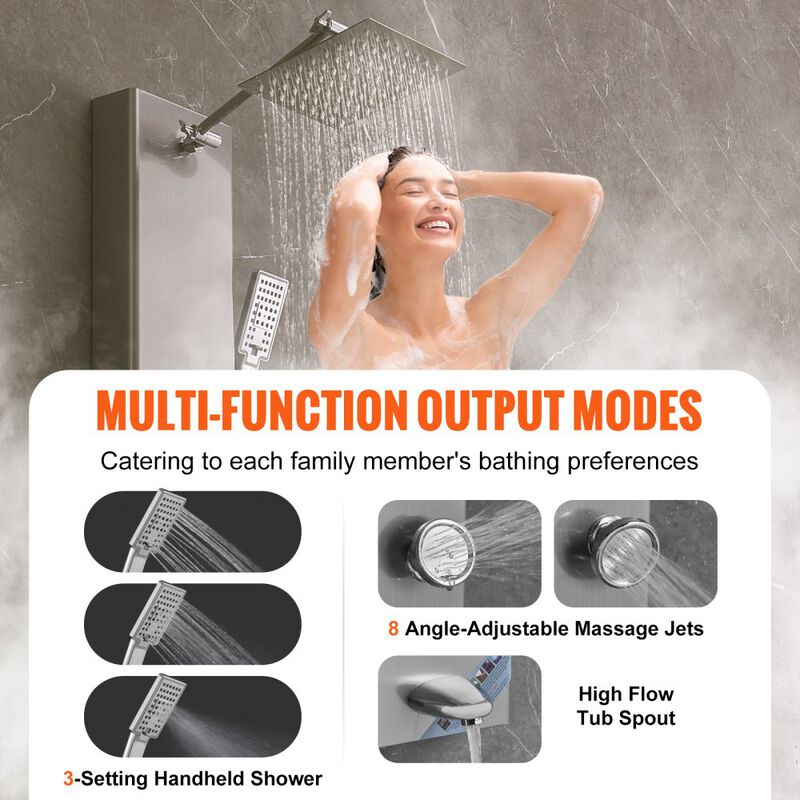 Digital Shower Panel with 5 Modes, Massage Jets, Rainfall, Handheld & Tub Spout-Silver image number 6