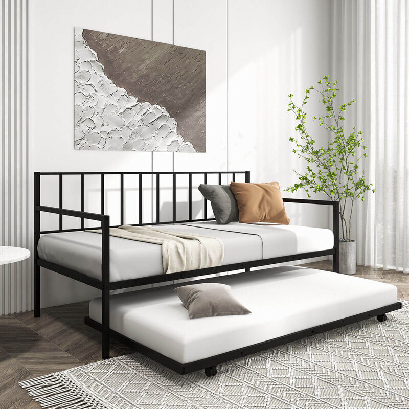 Versatile Daybed with Roll-Out Trundle and Sturdy Metal Slat Support for Comfort