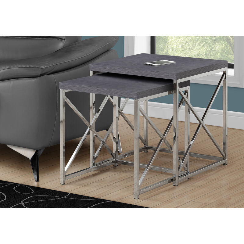 Monarch Specialties I 3226 Nesting Table, Set Of 2, Side, End, Metal, Accent, Living Room, Bedroom, Metal, Laminate, Grey, Chrome, Contemporary, Modern