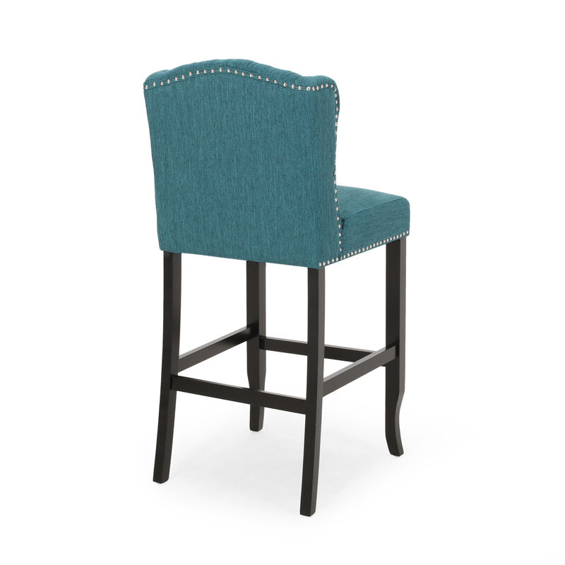 Seliva Barstool Chair Set of 2, Teal Fabric, Tufted Back, Brown Rubberwood - Benzara