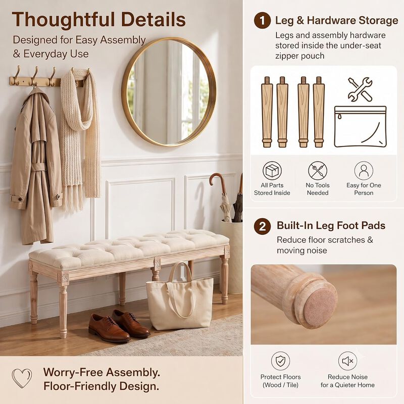 Envelor French Tufted Linen Entryway Bench with Wood Legs, 47.2 in. image number 6