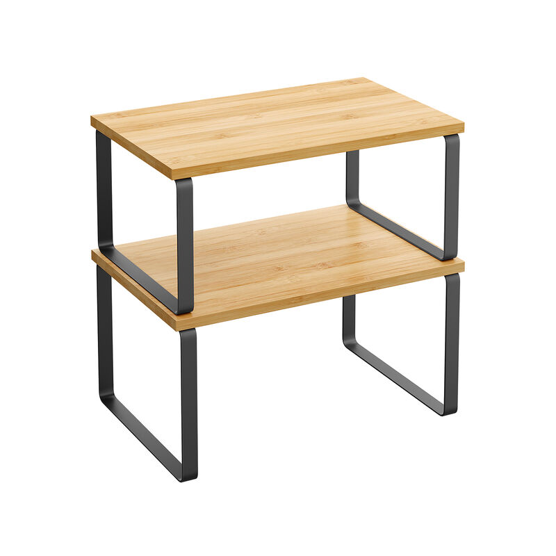 Expandable and Stackable Cabinet Shelf Organizer &ndash; Metal and Bamboo Kitchen Counter Shelves, Set of 2