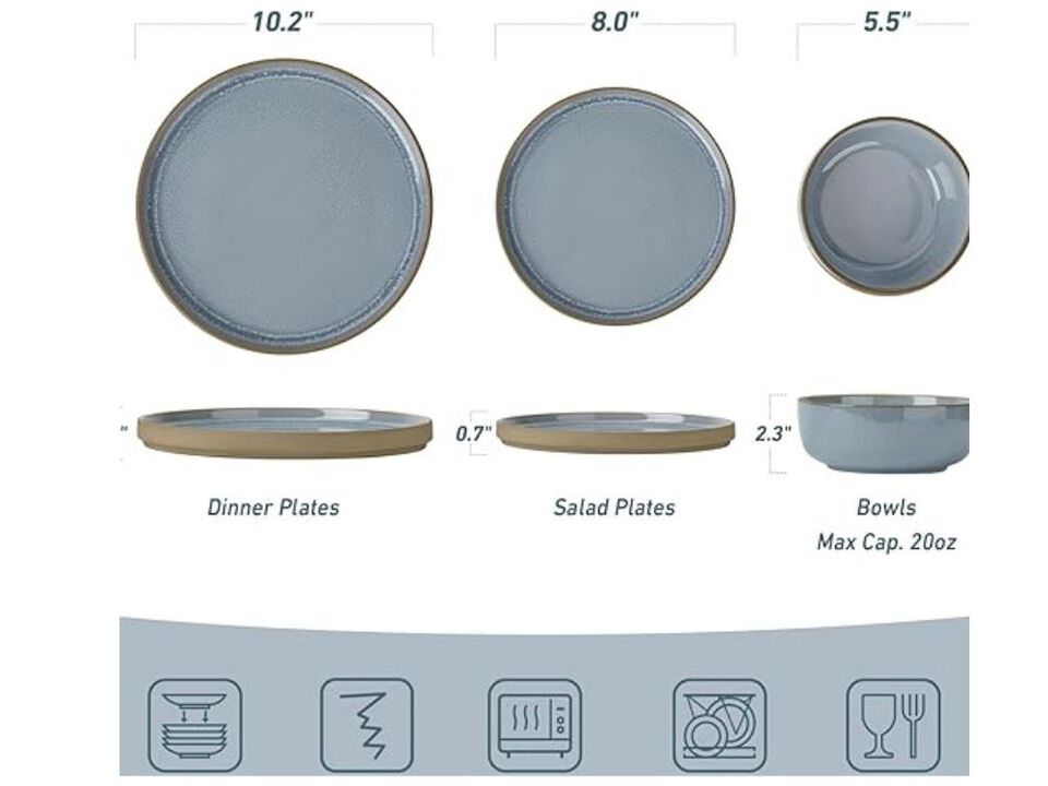 12-Piece Light Blue Stoneware Dinnerware Set – Plates & Bowls for 4