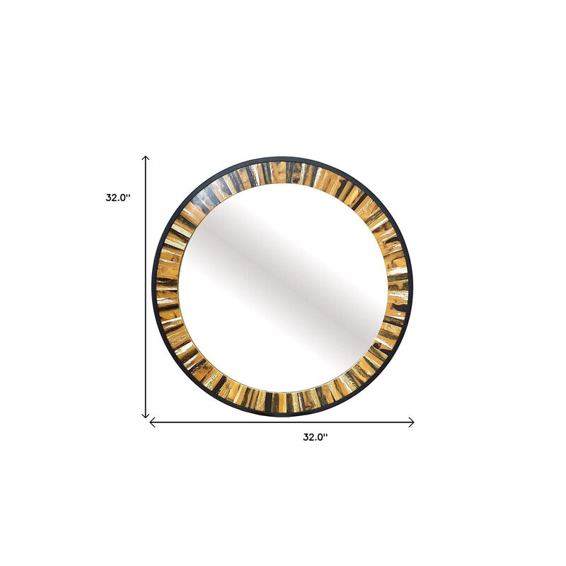 HomeRoots 32" Brown and Black Faux Stone Round Framed Accent Mirror image number 3