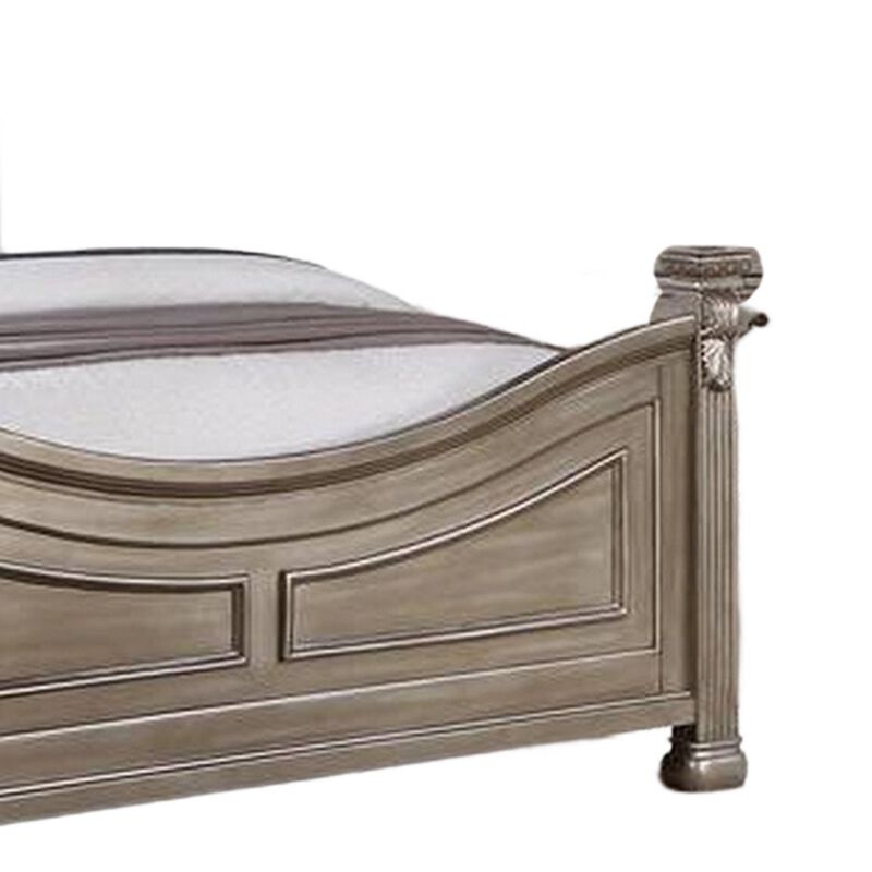 Aza Traditional Wood Queen Size Bed, Leaf Carvings, Champagne Gold Finish - Benzara