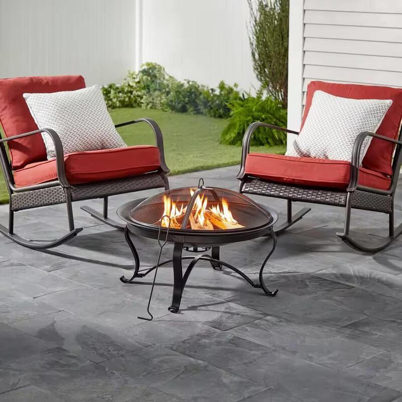 Hivvago 30-inch Round Steel Outdoor Fire Pit with Mesh Cover and Poker in Bronze