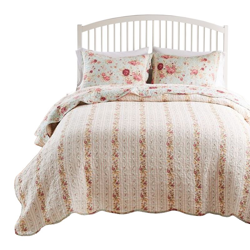 Rosle 3pc King Size Bedspread Set, 2 Shams, Rose Print, Soft Blue Cotton - Benzara